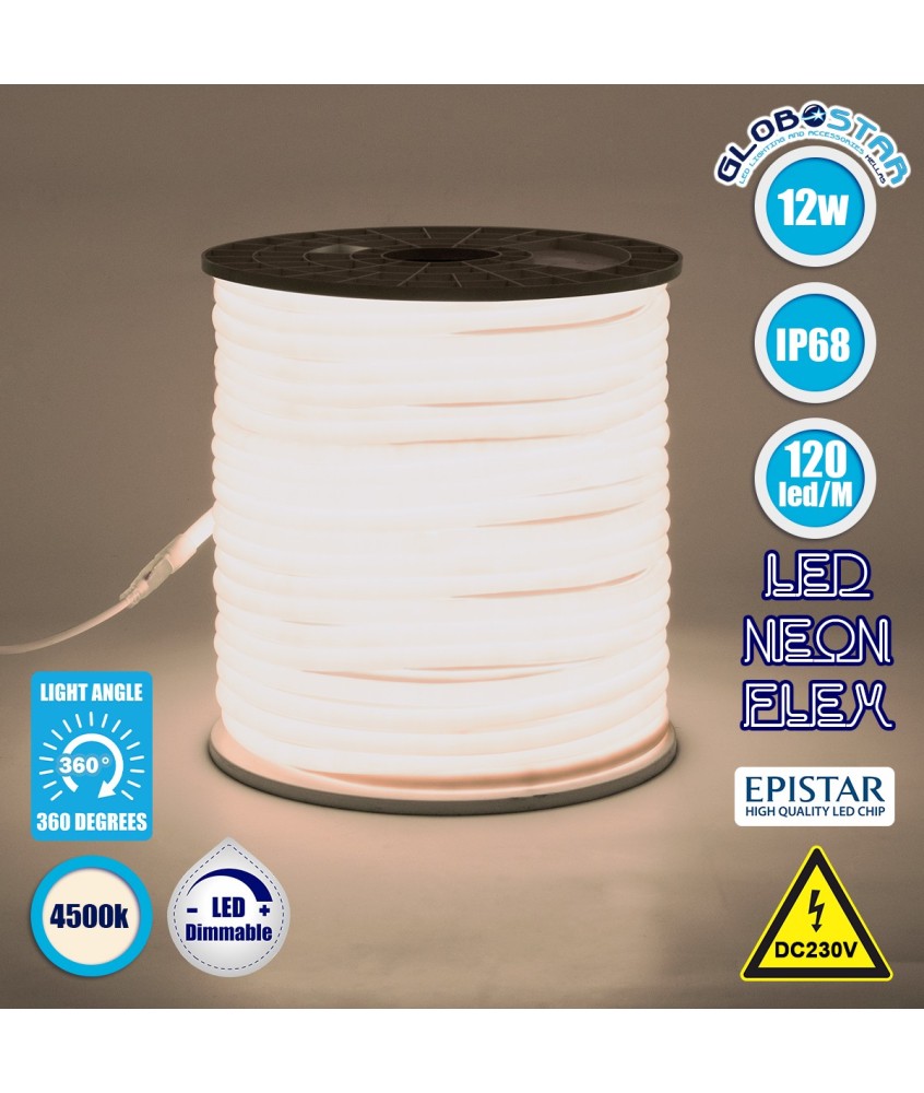 GLOBOSTAR® NEOTUBE 70591 Ταινία Neon Flex LED 12W-m 960lm-m 360° DC 220-240V Αδιάβροχο IP65 120 x SMD2835 Chip-m Φυσικό Λευκό 4500K Dimmable - Sanan SMD Chip - Μ100 x Π1.3 x Υ1.3cm - 3 Χρόνια Εγγύηση